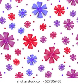 Flower bows seamless pattern. Pussy bright bow knots isolated on white. Gift knot of ribbons endless texture. Overwhelming bow without ends decorative element. Flat style, Vector cassical bows