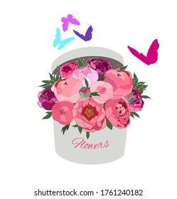 Flower box and butterflies big bouquet of peonies vector graphics