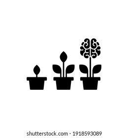 Flower brain with leaves in small pot. Intellect, phsychology, knowledge, education concept.  flat vector illustration isolated on white.  Creative, smart, education sign