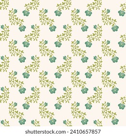 Flower branch with buds and flora in blossom. Floral design or decoration. Twisted twigs with leaves and blooming flowers. Seamless pattern, wallpaper or print background. Vector in flat style