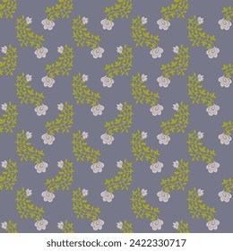 Flower branch with buds and flora in blossom and flourishing. Floral design or decoration. Twigs with leaves and blooming flowers. Seamless patten, background print or wallpaper. Vector in flat style