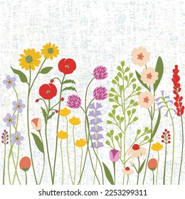 Flower and branch collection. Set of vintage style flowers, peonies, anemones, daisies, and cornflowers isolated on textured wihite background. Vector illustration.