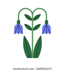 Flower branch with curved stem, bloom, leaf. Gentle spring wildflower with nodding bluebells. Botanical symmetrical shape. Abstract floral sprig. Flat vector illustration isolated on white background