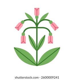 Flower branch with gentle spring blooms. Delicate floral plant, summer blossom. Abstract botanical design element, charming symmetrical shape. Flat vector illustration isolated on white background