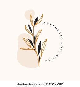 Flower branch. Hand drawn wedding herbs, plants with elegant leaves for invitation save date card design. Botanical countryside trendy green vector