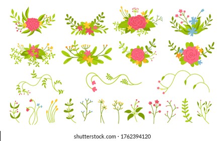 Flower branch and leaf, floral composition set. Botany abstract romantic beautiful design elements. Colorful flat floral cartoon eco collection. Isolated flowers, branches leaves. Vector illustration