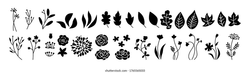 Flower, branch and leaf set, botanical black glyph. Abstract silhouette different beautiful floral design elements. Flat floral cartoon collection. Engravings isolated flowers. Vector illustration