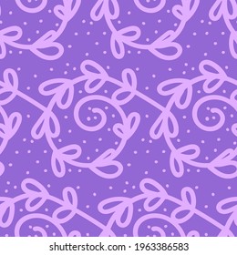 flower branch with leaves doodle seamless vector pattern, violet monochrome, lavender color