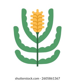 Flower branch with leaves. Floral plant, wildflower spike. Bloom with leaf. Blossom, symmetrical geometric summer stem. Botanical flat graphic vector illustration isolated on white background