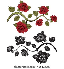 Flower branch roses. Set of red and black roses branches. Floral print. Ornament with roses. Floral frame, flower card, border of flowers, banner, decoration. Vector floral background