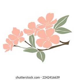 Flower branch of tree. Spring flowering fruit tree. Branch of cherry, apple, almond, sakura. Twig with leaves and flowers stencil isolated vector illustration