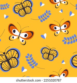 Flower branches and flying butterflies, flora and fauna, nature biodiversity. Flowering twigs with leaves and leafage, summer or spring. Seamless pattern, background or print. Vector in flat style
