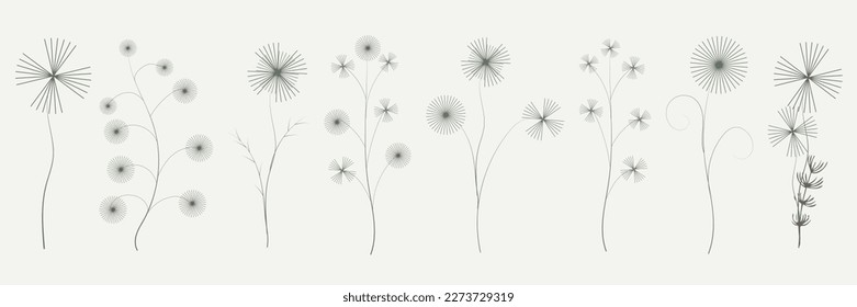 Flower branches for logo or decoration. Natural elements of stylish decor. Minimalistic wedding flowers, grass and leaves for invitation, save the date card. Hand drawing

