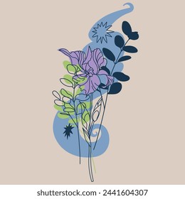 Flower, branches and stars. Vector hand drawn illustration