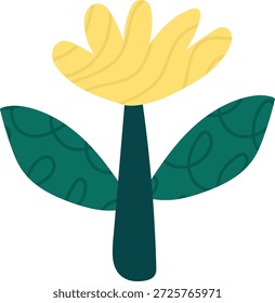 Flor de pétalos anchos y dos hojas texturizadas en un tallo limpio, dibujado en Formas audaces. Símbolo de crecimiento, naturaleza, Renovación primaveral y frescura ecológica. Ilustración vectorial de dibujos animados.