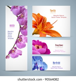 Flower brochure design. Vector layout template background for beauty business with oriental garden flowers as orchid, lily and peony