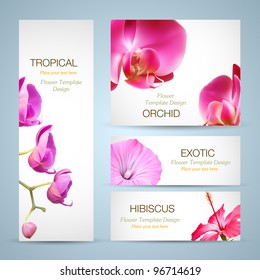 Flower brochure template. Background vector card design. Orchid and hibiscus