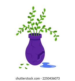 Flower in broken pot vector illustration. Fallen down houseplant, flowerpot on floor isolated on white background. Gardening, plants concept