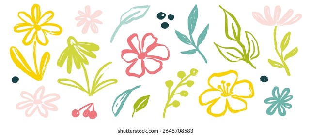 Flower brush hand drawn paint set. Hand drawn floral leaf elements with brush stroke in black ink and sketch texture. Wild botanical art for spring nature color design. Vector illustration