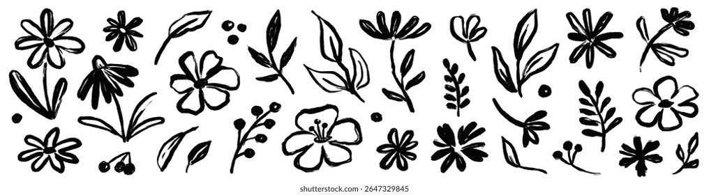 Flower brush hand drawn vector set. Hand drawn doodle flower, floral leaf elements in brush stroke ink style. Simple abstract botanical silhouette set for nature black paint art. Vector illustration