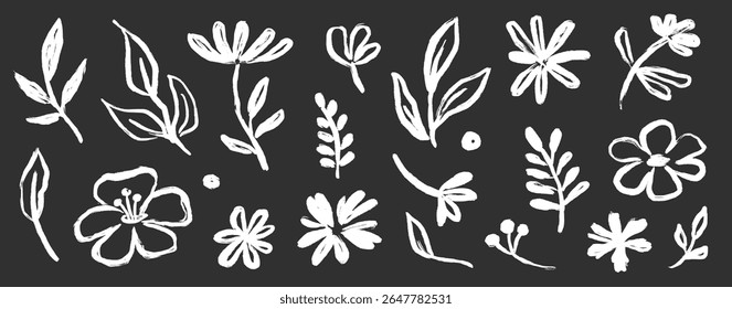 Flower brush hand drawn vector set. Hand drawn doodle flower, floral leaf elements in brush stroke ink style. Simple abstract botanical silhouette set for nature black paint art. Vector illustration