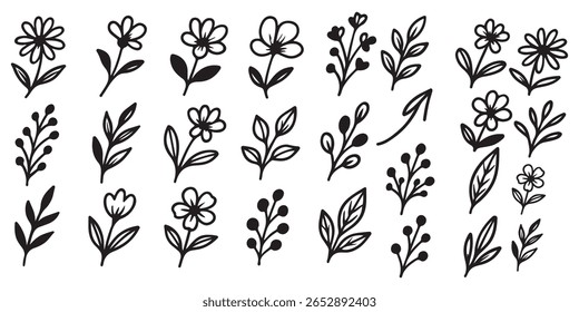Conjunto de Vector dibujado a mano de pincel de flores. Flor de doodle dibujada a mano, Elementos de hojas florales en estilo de tinta de trazo de pincel. Silueta botánica abstracta simple fijada para el arte de la pintura negra de la naturaleza. Ilustración vectorial