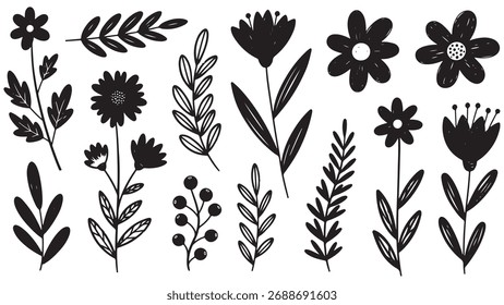 Conjunto de Vector dibujado a mano de pincel de flores. Flor de doodle dibujada a mano, Elementos de hojas florales en estilo de tinta de trazo de pincel. Silueta botánica abstracta simple fijada para el arte de la pintura negra de la naturaleza. Ilustración vectorial