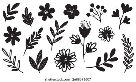 Conjunto de Vector dibujado a mano de pincel de flores. Flor de doodle dibujada a mano, Elementos de hojas florales en estilo de tinta de trazo de pincel. Silueta botánica abstracta simple fijada para el arte de la pintura negra de la naturaleza. Ilustración vectorial