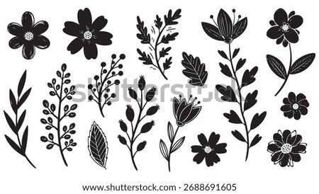 Flower brush hand drawn vector set. Hand drawn doodle flower, floral leaf elements in brush stroke ink style. Simple abstract botanical silhouette set for nature black paint art. Vector illustration