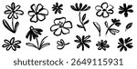 Flower brush paint stroke set. Hand drawn floral flower, leaf graffiti elements in brush paint silhouette set. Vector black ink stroke doodle floral texture sketch spring pattern. Vector illustration