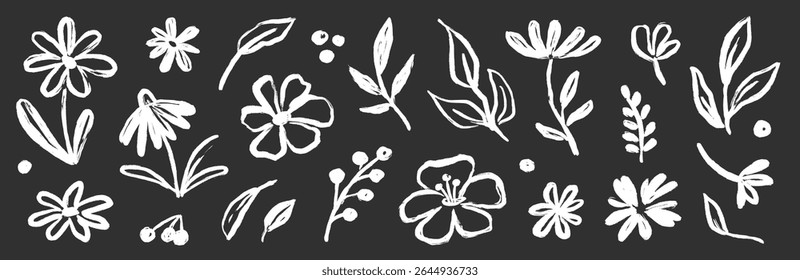 Flower brush paint stroke set. Hand drawn floral flower, leaf graffiti elements in brush paint silhouette set. Vector black ink stroke doodle floral texture sketch spring pattern. Vector illustration