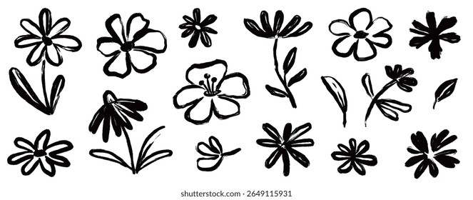 Flower brush paint stroke set. Hand drawn floral flower, leaf graffiti elements in brush paint silhouette set. Vector black ink stroke doodle floral texture sketch spring pattern. Vector illustration