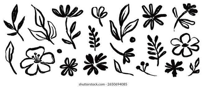 Flower brush paint stroke set. Hand drawn floral flower, leaf graffiti elements in brush paint silhouette set. Vector black ink stroke doodle floral texture sketch spring pattern. Vector illustration