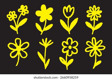 Conjunto de trazo de pintura de pincel de flores. Flor floral dibujada a mano, Elementos de graffiti de hojas en conjunto de silueta de pintura de pincel. Patrón de primavera de boceto de textura floral doodle de trazo de tinta negra de Vector. Ilustración vectorial