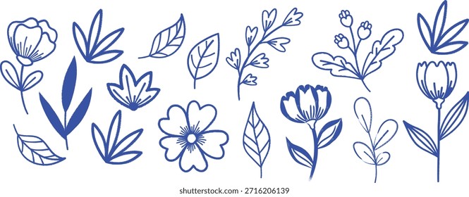 Conjunto de trazo de pintura de pincel de flores. Flor floral dibujada a mano, Elementos del graffiti de la hoja en Vector del sistema de la silueta de la pintura del pincel 