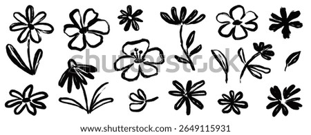 Flower brush paint stroke set. Hand drawn floral flower, leaf graffiti elements in brush paint silhouette set. Vector black ink stroke doodle floral texture sketch spring pattern. Vector illustration