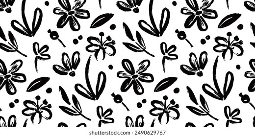 Flower brush seamless pattern. Floral abstract hand drawn brush paint background. Sketch hand drawn leaf floral paint seamless pattern. Black simple texture flower background. Vector illustration