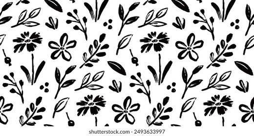 Flower brush seamless pattern. Floral abstract hand drawn brush paint background. Sketch hand drawn leaf floral paint seamless pattern. Black simple texture flower background. Vector illustration