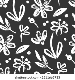 Flower brush seamless pattern. Floral abstract hand drawn brush paint background. Sketch hand drawn leaf floral paint seamless pattern. Chalkboard texture flower background. Vector illustration