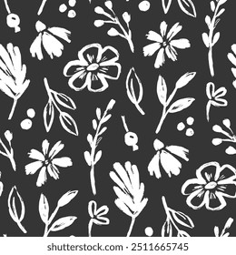 Flower brush seamless pattern. Floral abstract hand drawn brush paint background. Sketch hand drawn leaf floral paint seamless pattern. Chalkboard texture flower background. Vector illustration