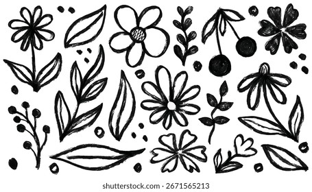 Flower brush stroke hand drawn sketch doodle flower, floral leaf elements ink style vector set. Simple botanical silhouette. Nature black paint kid scribble collage. Black rough flower border brush 