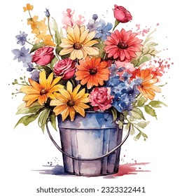 Flower In Bucket Watercolor Sublimation Clipart