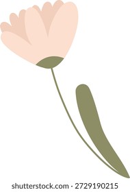 Flower bud on a curved stem with one long leaf in a clean cartoon look. Symbol of nature, growth, romance, and springtime elegance. Cartoon vector illustration.
