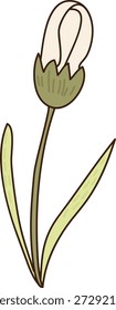 Blütenknospe auf schlankem Stängel mit zwei schmalen Blättern und kräftigem Umriss. Symbol für Wachstum, Neubeginn, Natur und ruhige botanische Stimmung. Cartoon, Vektorgrafik.