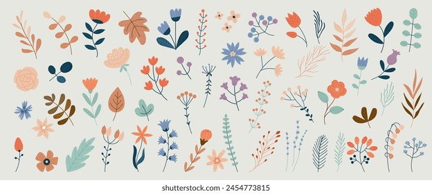 Flower bud. Simple nature isolated elements for decor, plant leaf, garden leaves. Floral decorative summer, spring cute botanical objects. Doodle colorful field, beautiful illustration flat vector set