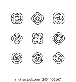 Cogollo con elemento espiral. Conjunto de 9 formas geométricas. Impresión de diseño lineal moderno.  Composiciones lineales abstractas modernas y Elementos de Diseño gráfico.