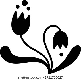 Flower buds with curved stems and leaf shapes form a decorative bloom silhouette with dots. Symbol of growth, spring, renewal, and nature elegance. Cartoon vector illustration.