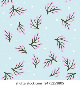 Flower buds, handmade vector illustration. Snow, flower and snowflakes, winter, autumn. Seamless pattern, print for fabrics. Organic shapes, beautiful background.
