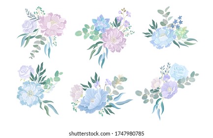 Flower Buds with Lush Petals in Tender Floral Composition with Twigs Vector Set