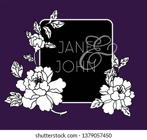 Flower buds on wedding invitation bride and groom names vector peony or wild rose decor marriage ceremony leaflet with lettering font and floristic decoration card plant blossom and foliage frame
